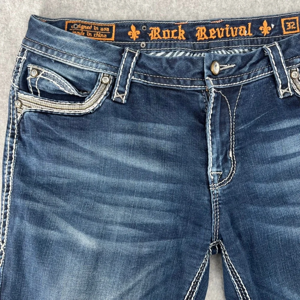 Rock Revival Eleanor Easy Boot Jean Womens 32 Blue Dark Wash Rhinestone E8436E4X